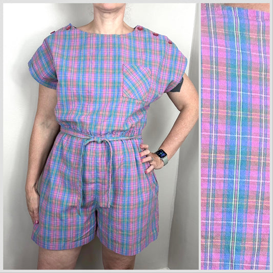 1980s Pastel Pink and Blue Plaid Romper, Sweet Apple Size M-L