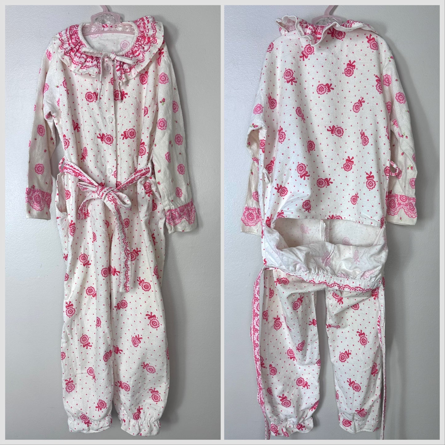 1950s Pink Floral Polka Dot Flannel Pajamas, Size 5