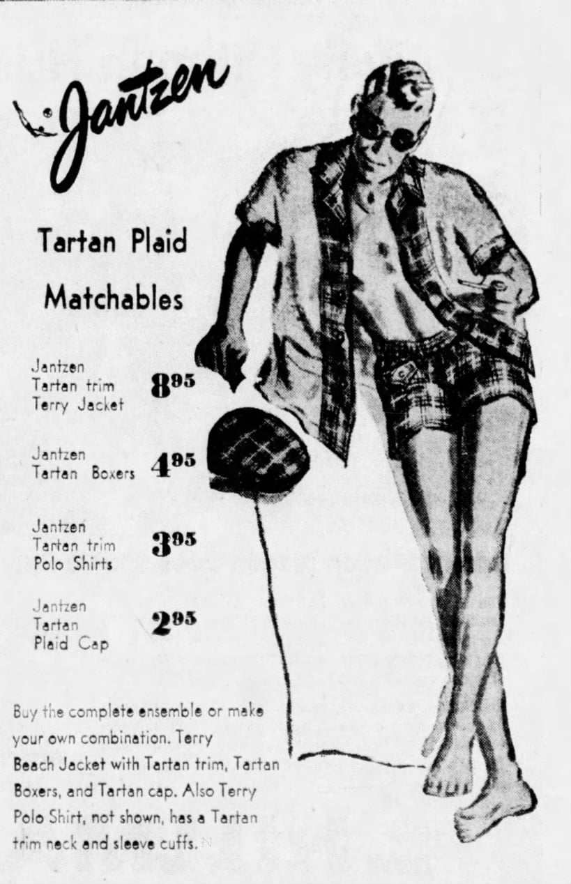 1950s Men’s Jantzen Red Plaid Swimsuit, 35-38" Waist, Cotton Swim Trunks