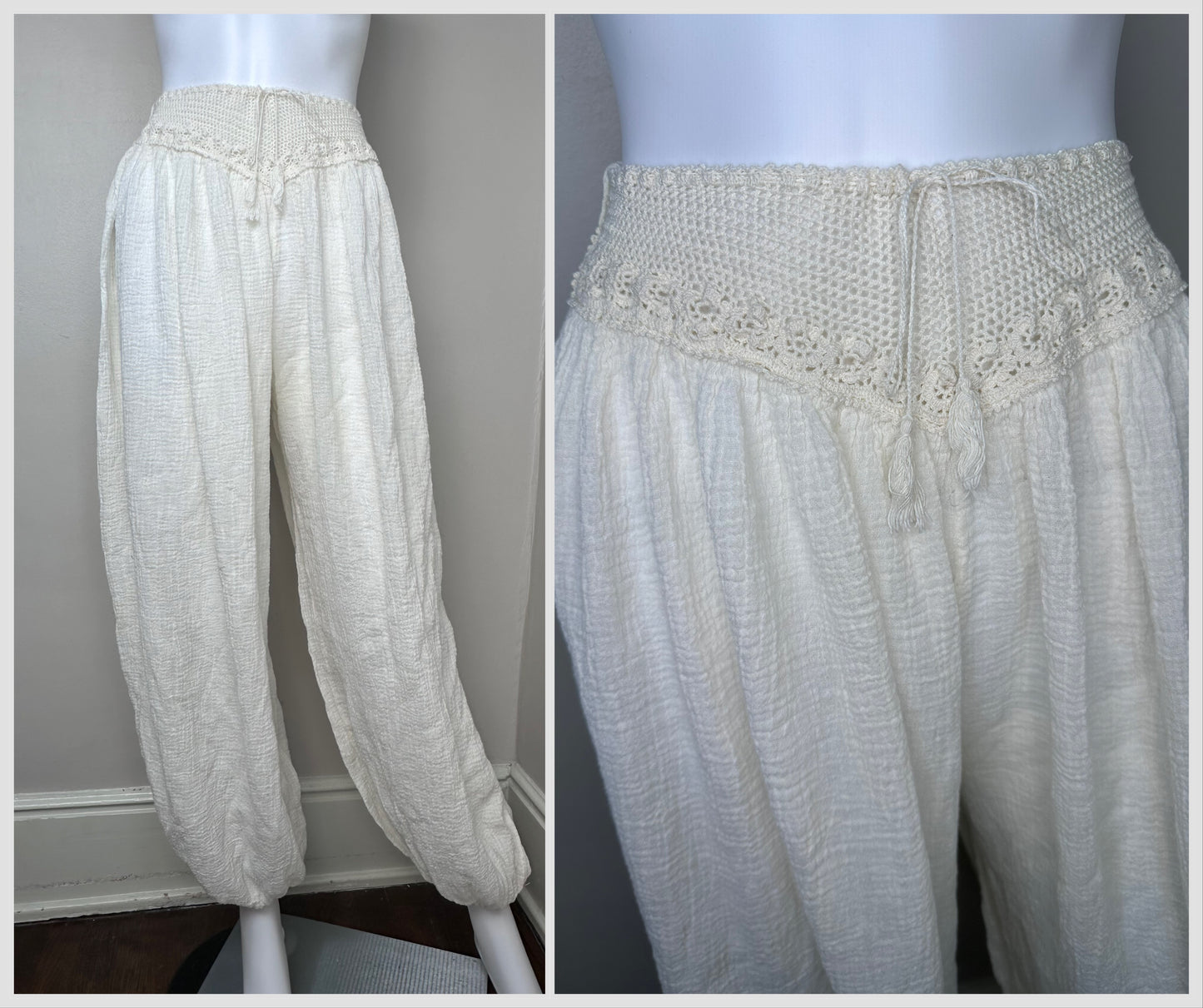 1970s/80s Cream Gauze Crop Top and Balloon Pants Set, Crochet, Size Small-Medium