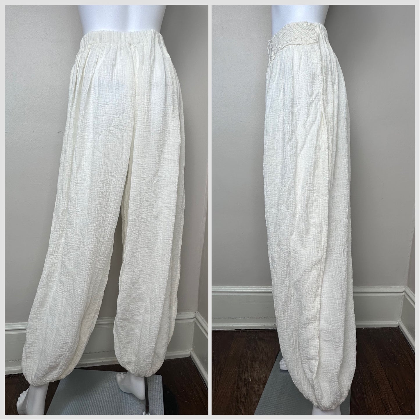 1970s/80s Cream Gauze Crop Top and Balloon Pants Set, Crochet, Size Small-Medium