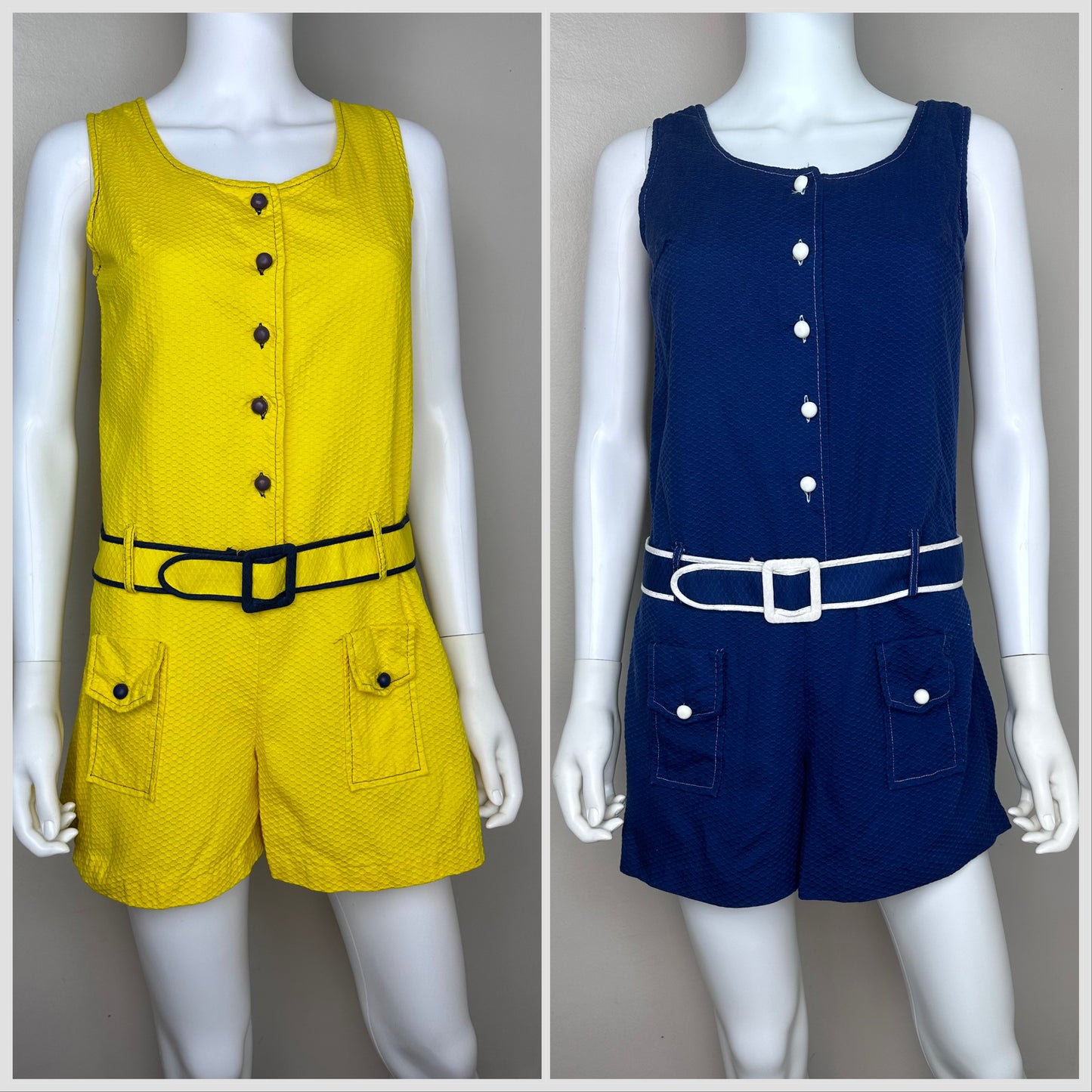 1970s Navy Blue Mod Romper, Size Small, Sleeveless, Drop Waist