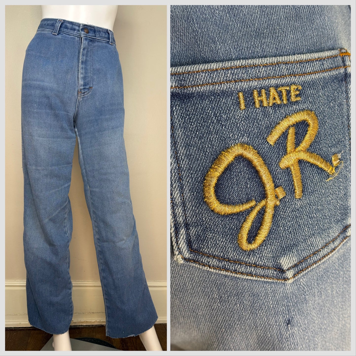 1980s I Hate J.R. Blue Jeans, 26.5"x32.75", Embroidered Pocket, JR Ewing Dallas TV Show, High Rise Straight Leg
