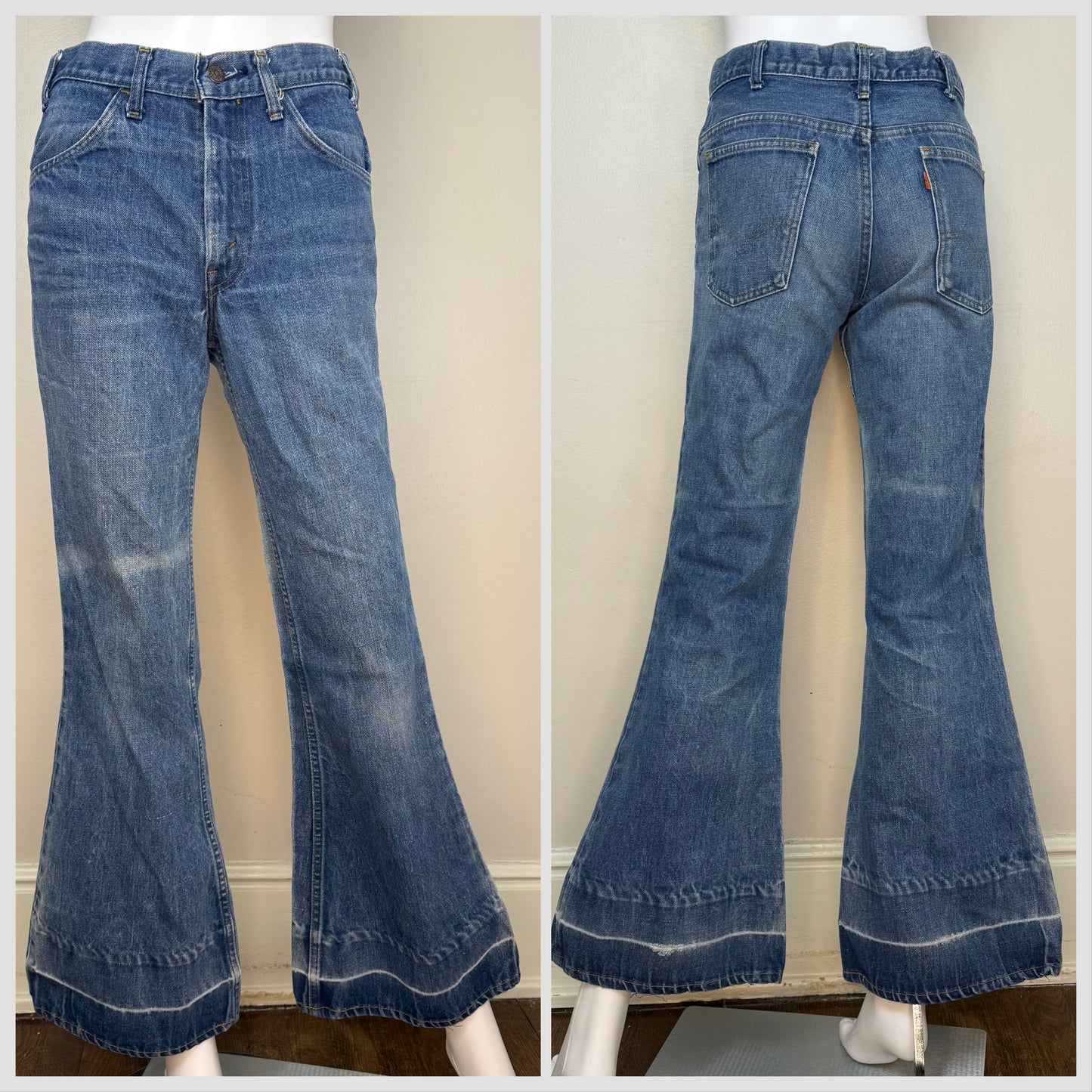 1970s Levi’s 684 Bellbottom Blue Jeans, 29"x31", Orange Tab