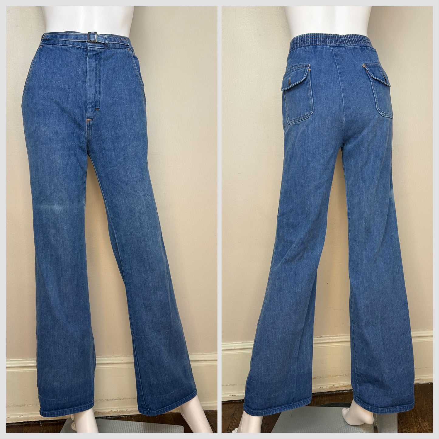 1970s Blue Jeans with Buckle Waist Band, K-Mart, 29"x31.5", High Rise Boot Cut