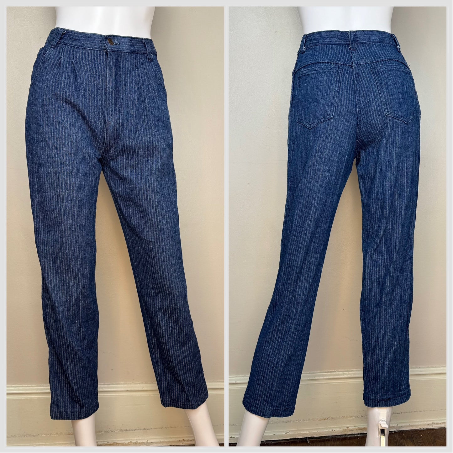 1970s Ribbed Dark Denim Pleated Blue Jeans, Sears Jr Bazaar, 25"x27", High Rise Tapered Leg