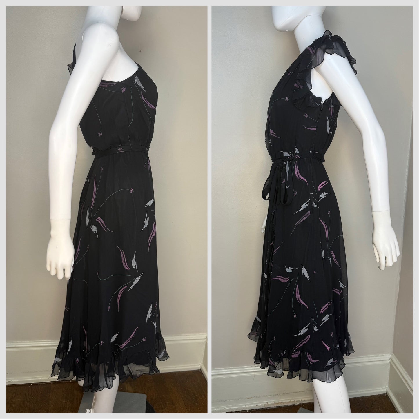 1970s/80s Sheer Black Abstract Floral Asymmetrical One Shoulder Dress, Inner Circle Inc Size Small