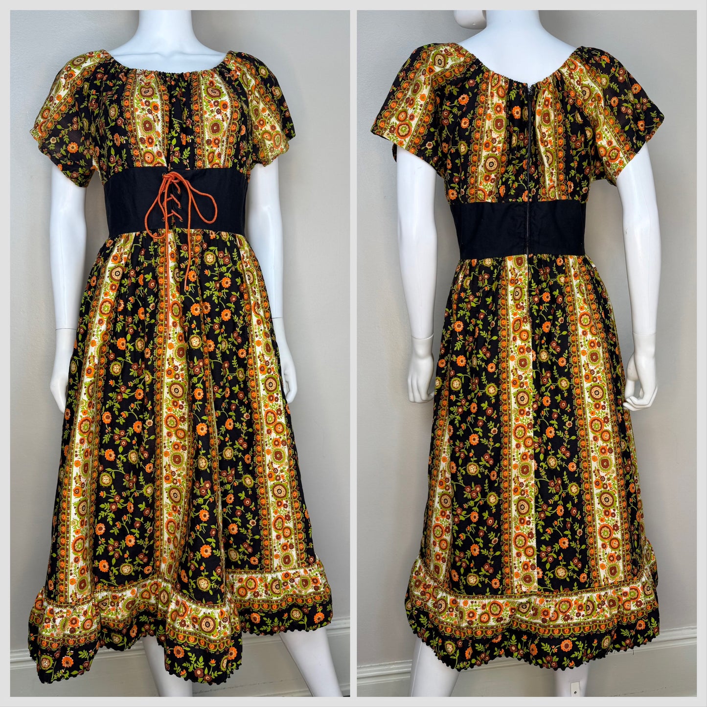 1960s Black and Orange Floral Peasant Dress with Corset Waist, Carol Brent Size Small-Medium, Montgomery Ward