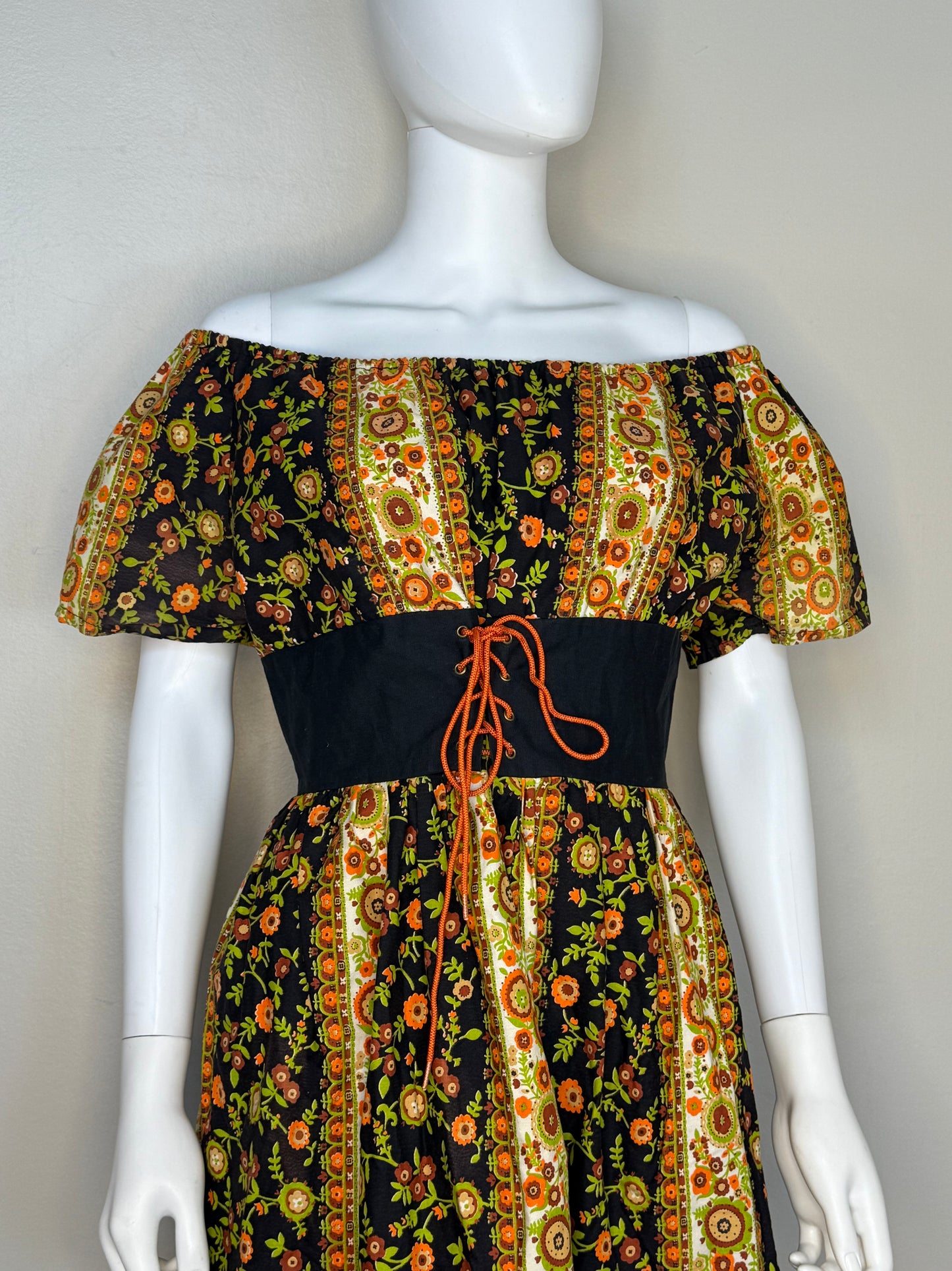 1960s Black and Orange Floral Peasant Dress with Corset Waist, Carol Brent Size Small-Medium, Montgomery Ward