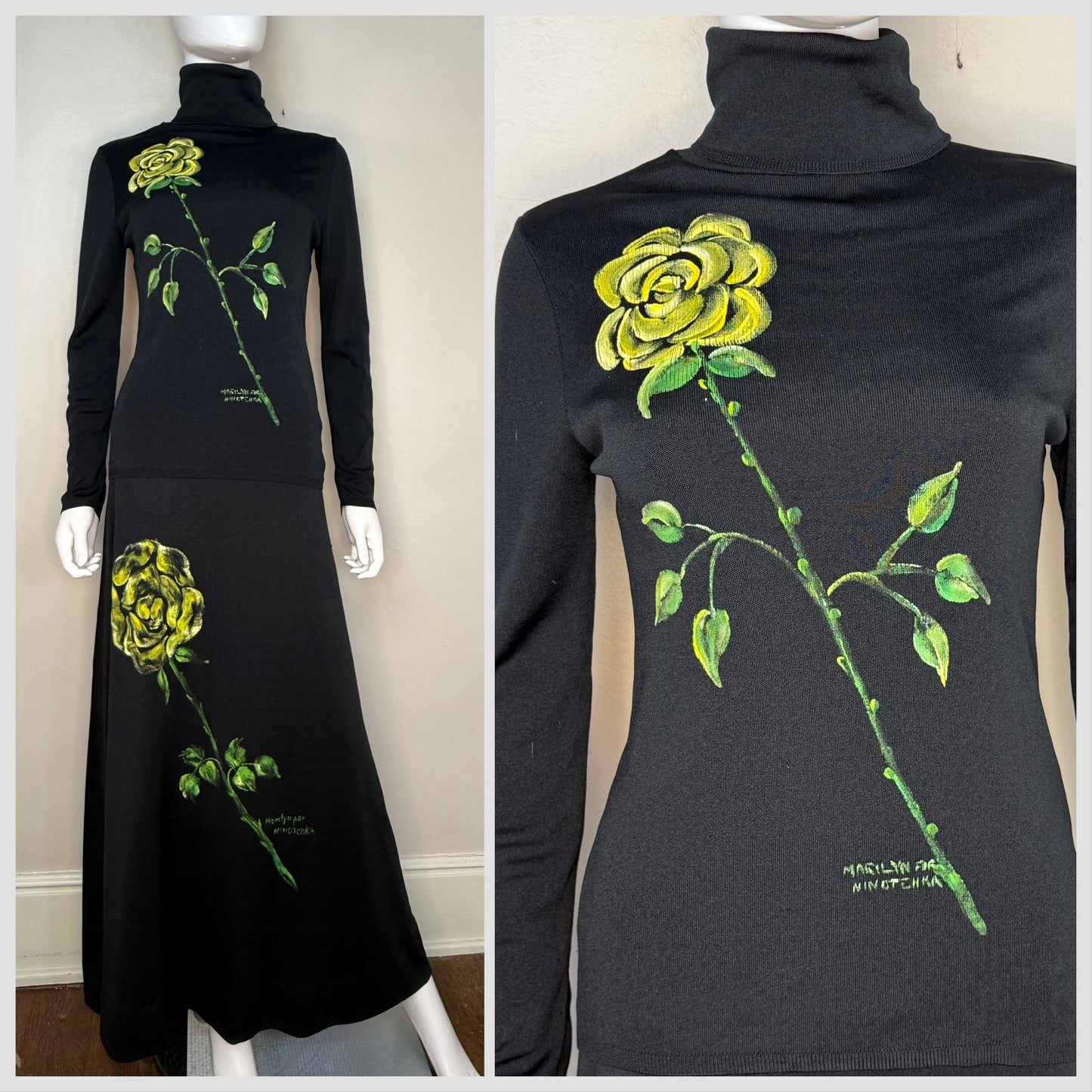1970s Hand Painted Black Knitwear Set, Marilyn for Ninotchka Size Small, Sakowitz, Yellow Rose, Turtleneck Sweater, Maxi Skirt
