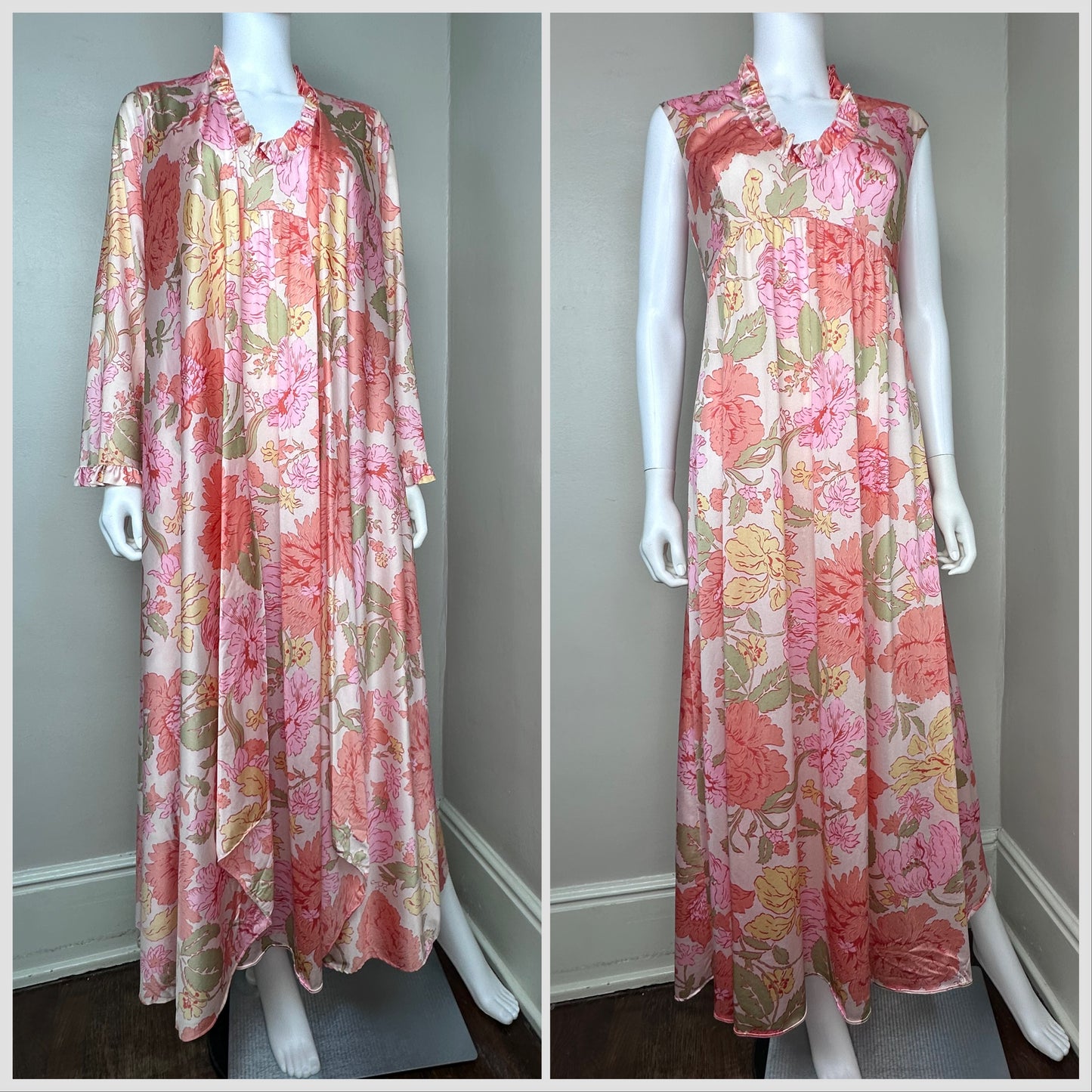 1970s Floral Peignoir Set, Vanity Fair Size Medium, Matching Nightgown and Robe