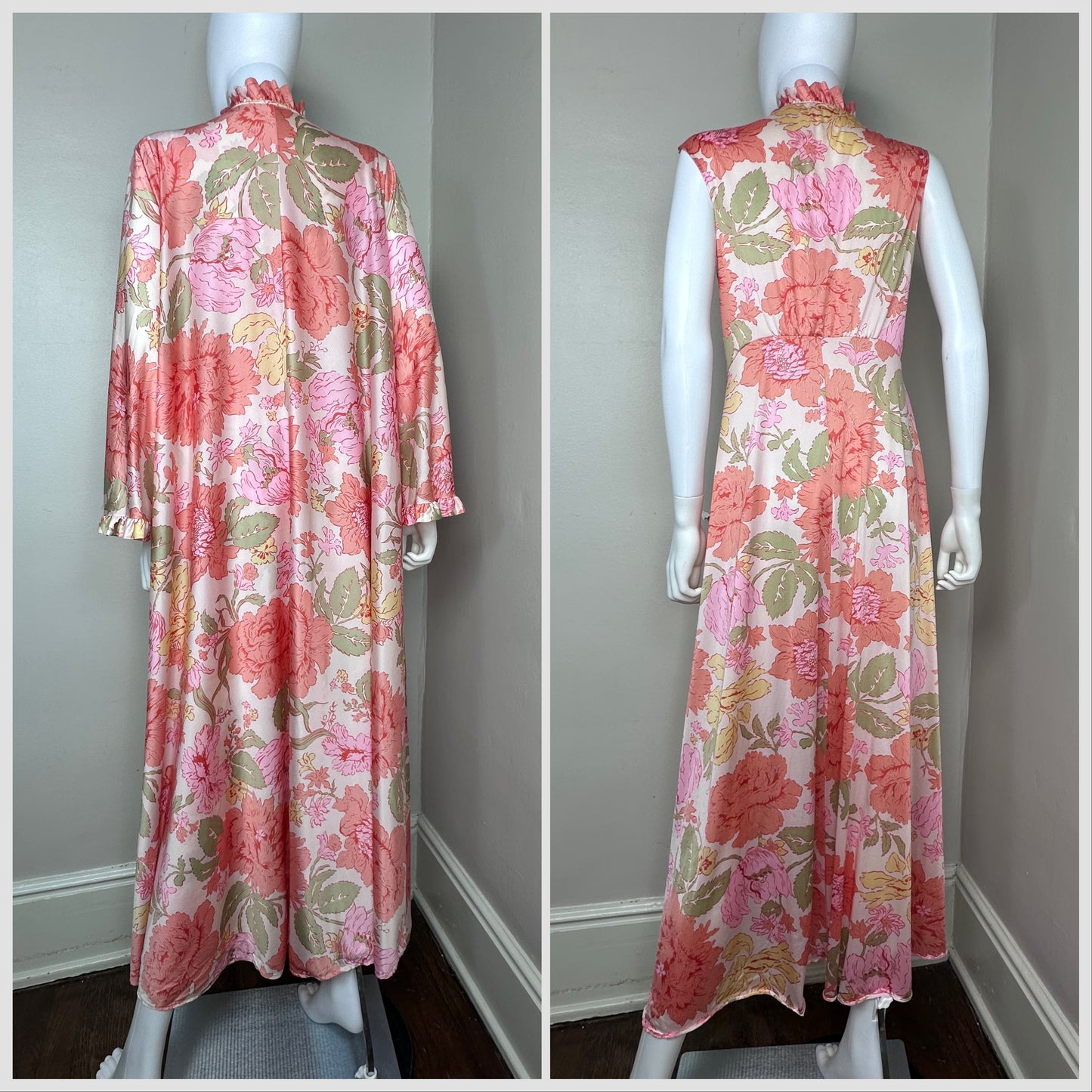 1970s Floral Peignoir Set, Vanity Fair Size Medium, Matching Nightgown and Robe