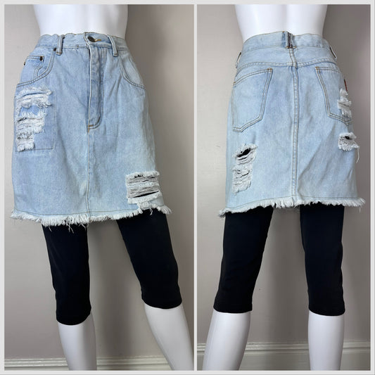 1980s/90s Denim Skirt with Attached Black Leggings, No! Jeans Size S/M, Distressed