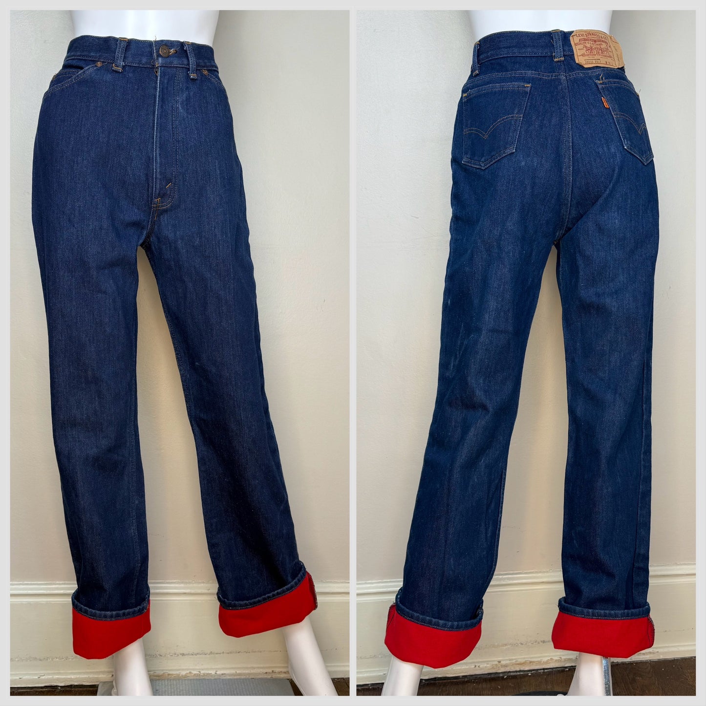 1980s Winter Levi’s Jeans, Dark Denim with Red Flannel Lining, 27"x32", High Rise Straight Leg