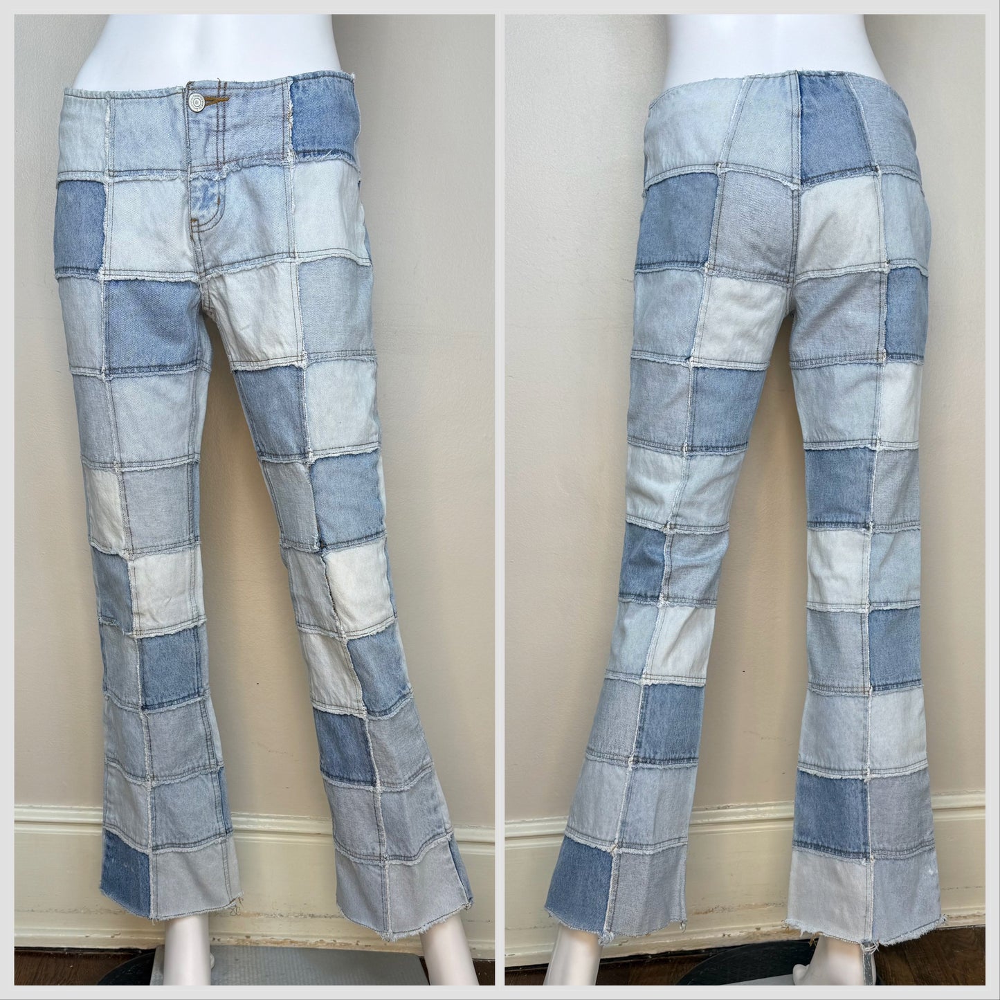 Y2K Denim Patchwork Blue Jeans, No Boundaries Size Small, Low Rise, Flare Leg