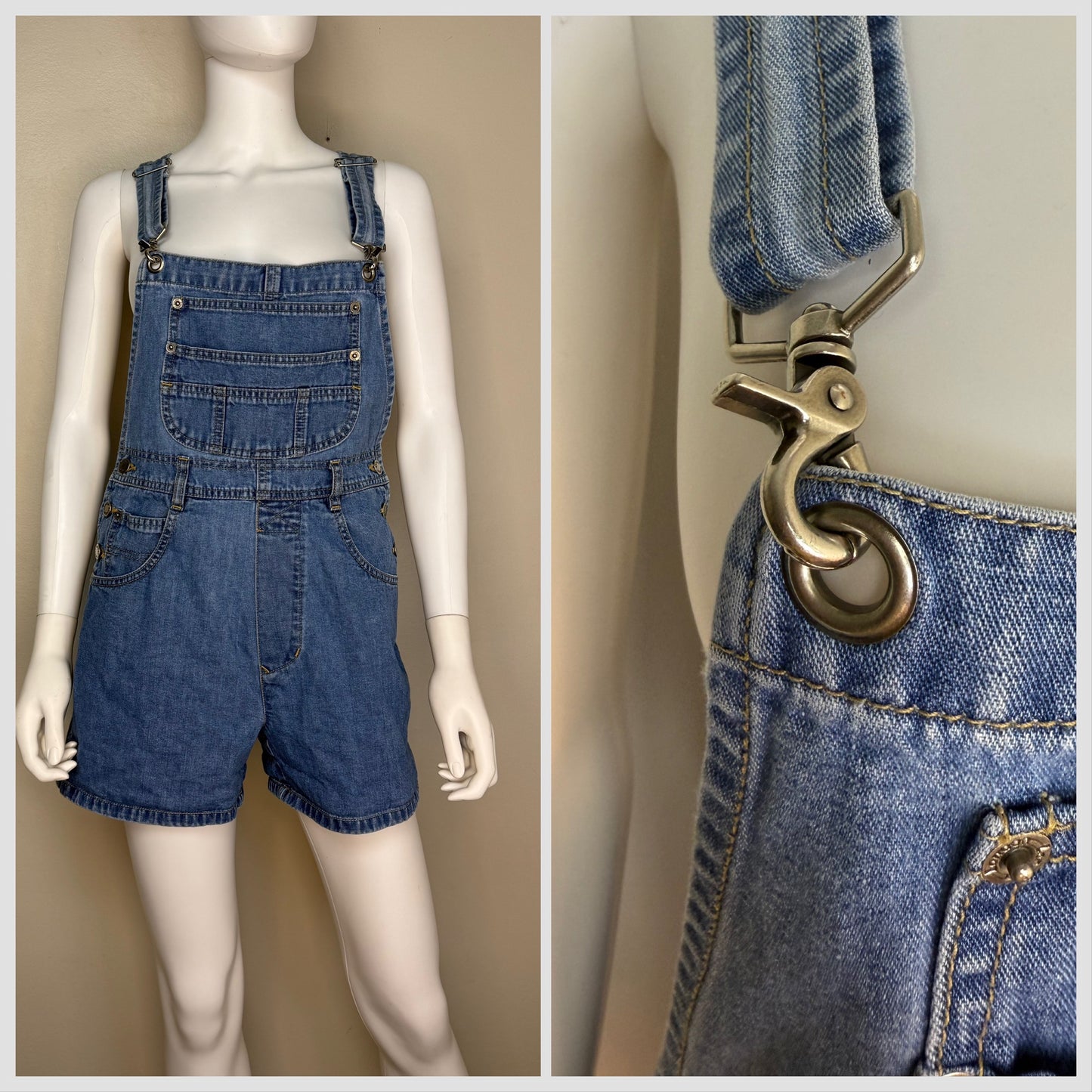 1990s Denim Shortalls with Clip Straps, London London Overalls Size Medium, Blue Jean