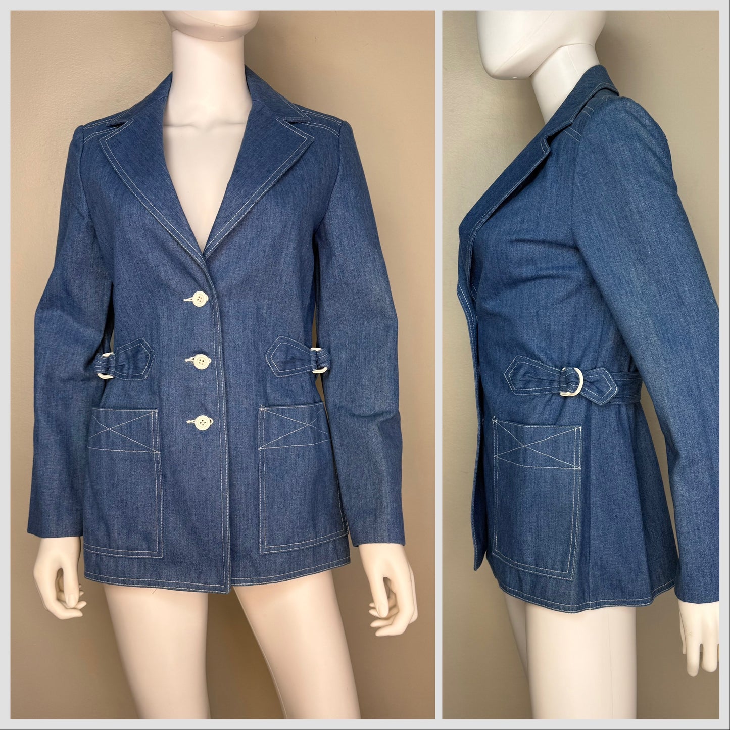 1970s Denim Blazer Jacket, Jack Winter Size Small, Side Buckles