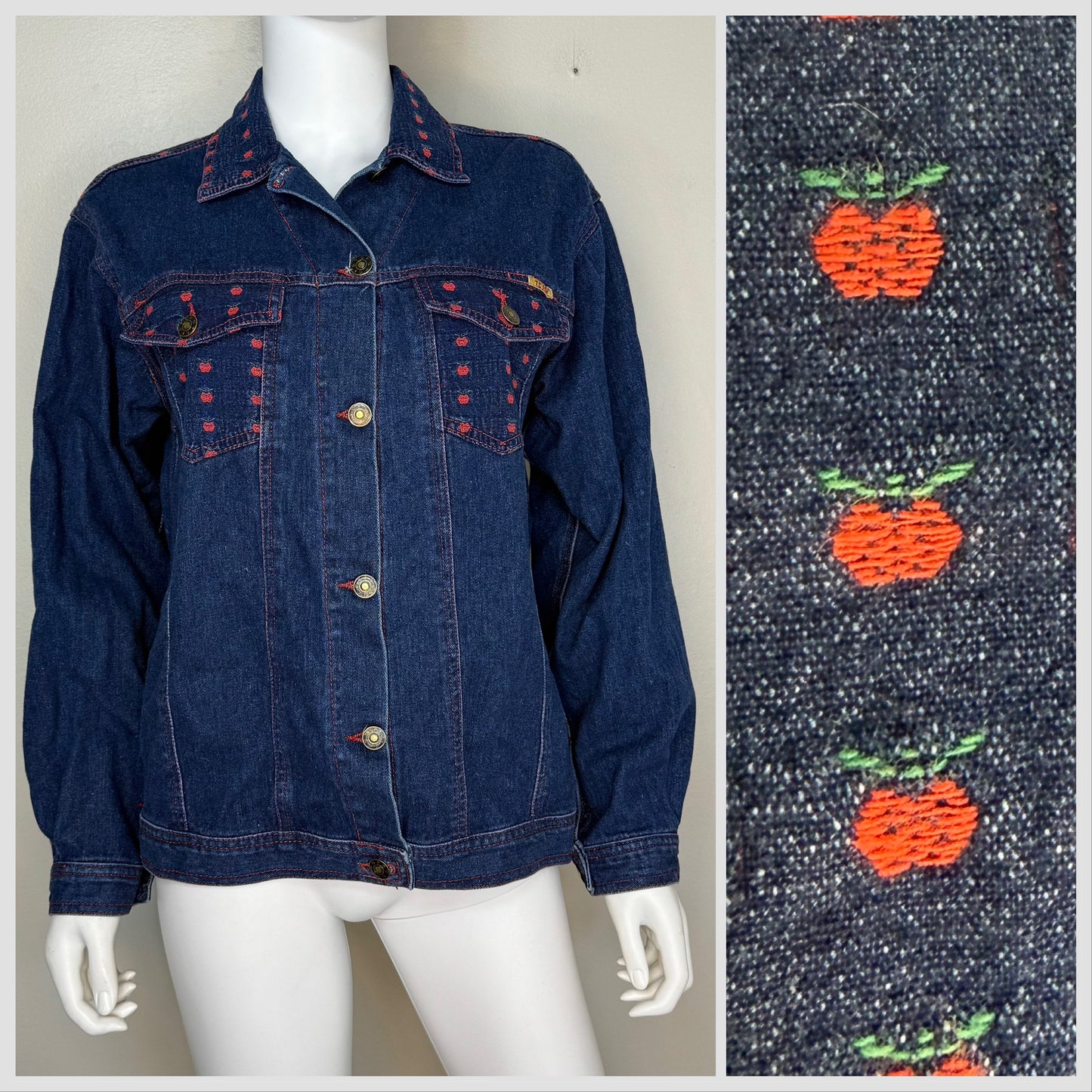 1990s Denim Jacket with Apples, T.C.F.S. Size Medium, Teacher Style