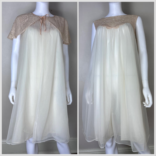1950s Vanity Fair Peignoir Set, Size Small, Cream Sheer Nylon and Tan Lace Lingerie, Nightgown and Robe
