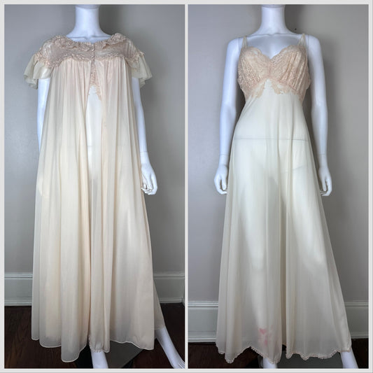 1950s Full Length Peignoir Set, Size Small, Sheer Cream Nylon, Lace, Vanity Fair, Night Gown and Robe