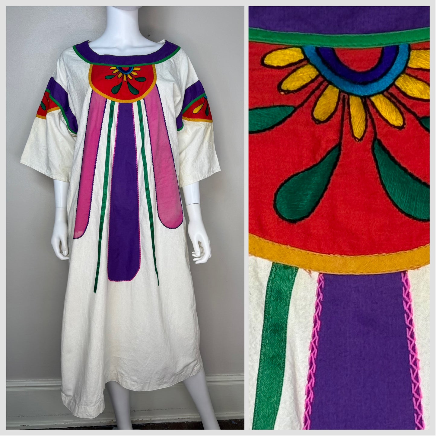 1970s Bright Embroidered and Appliquéd Midi Caftan Dress, Victor Camarena Mexico Size Medium, Wearable Art