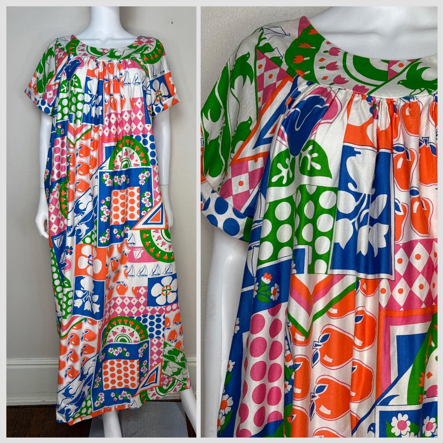 1970s Novelty Patchwork Print Muumuu Maxi Dress, The Great Entertainers Sears Size Medium, Loungewear