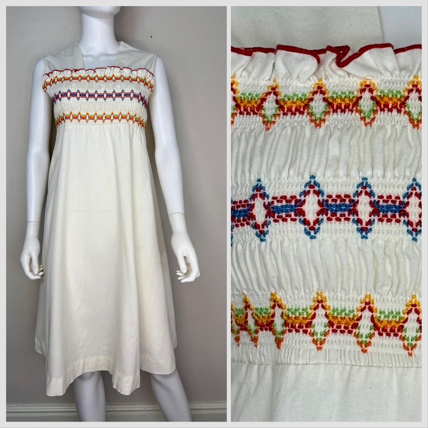 1970s Rainbow Smocked Bodice Sundress, Size Medium, Sleeveless Midi Dress