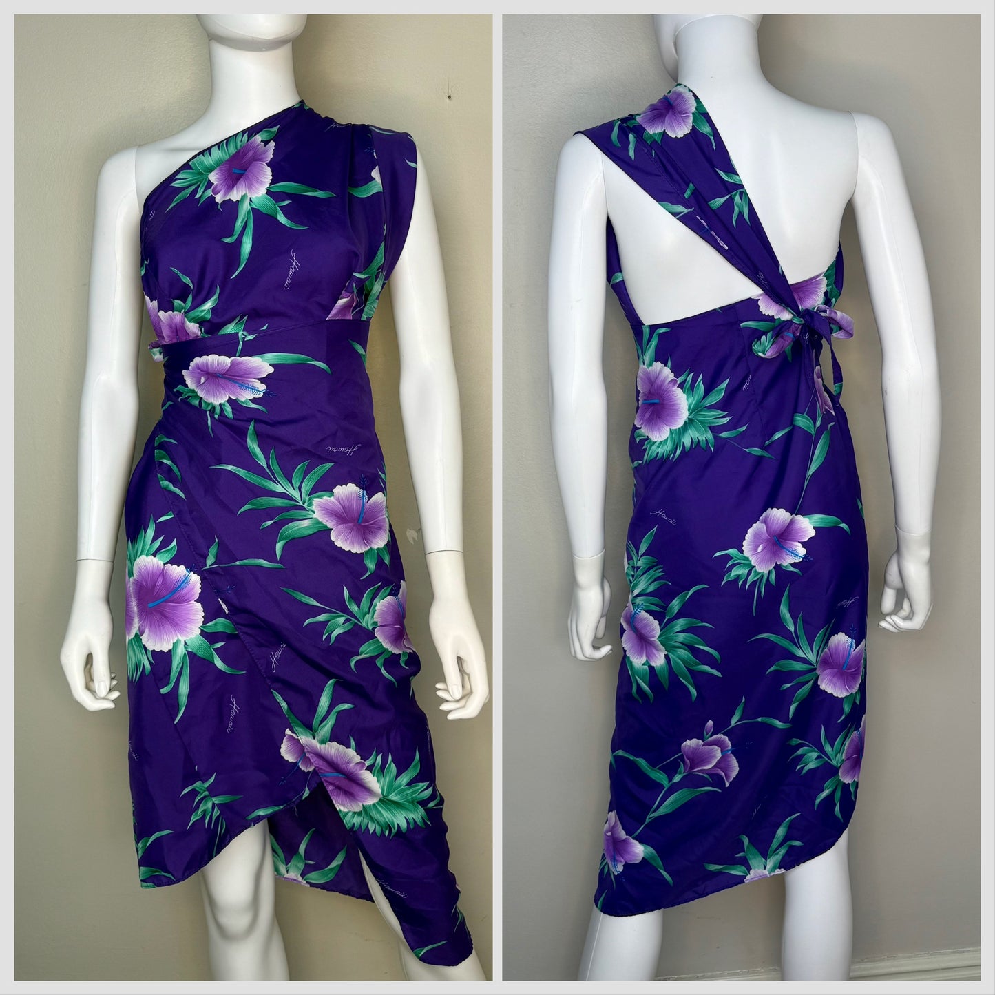 1980s Hawaiian Halter Wrap Dress, Sarong Skirt, Helena’s Hawaii, Tropical Purple Floral