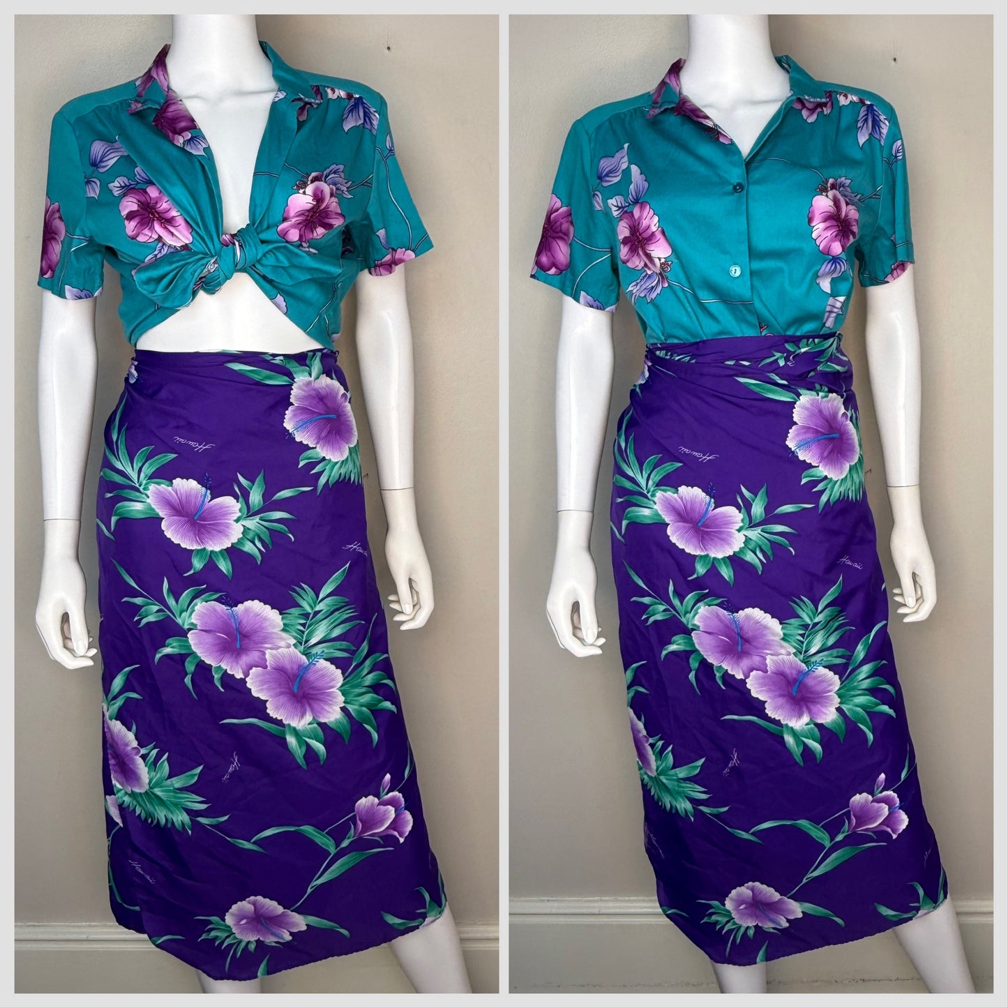 1980s Hawaiian Halter Wrap Dress, Sarong Skirt, Helena’s Hawaii, Tropical Purple Floral