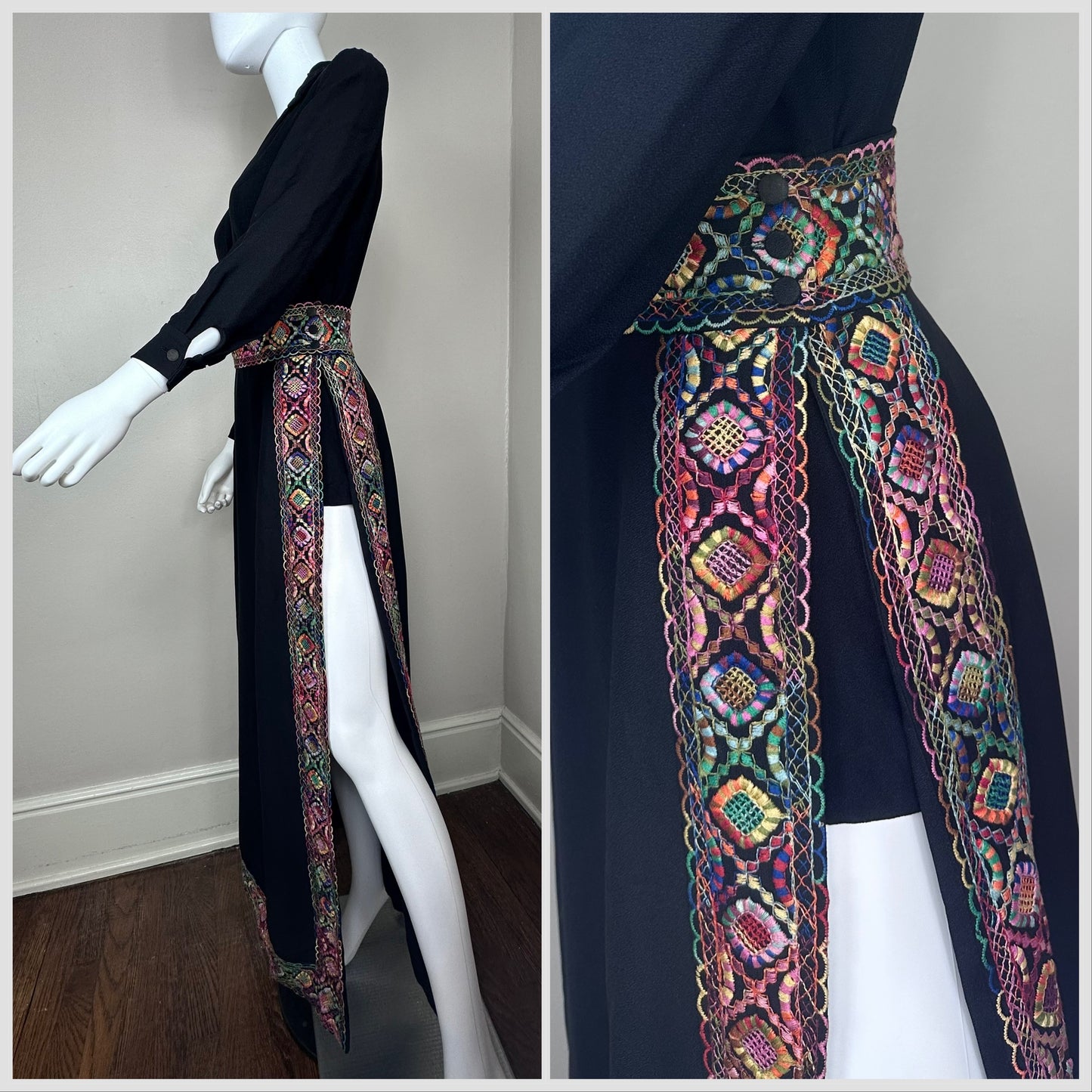 1960s/70s Black Romper with Rainbow Embroidered Skirt, Jack Bryan Designed by Dupuis Size XS-Small