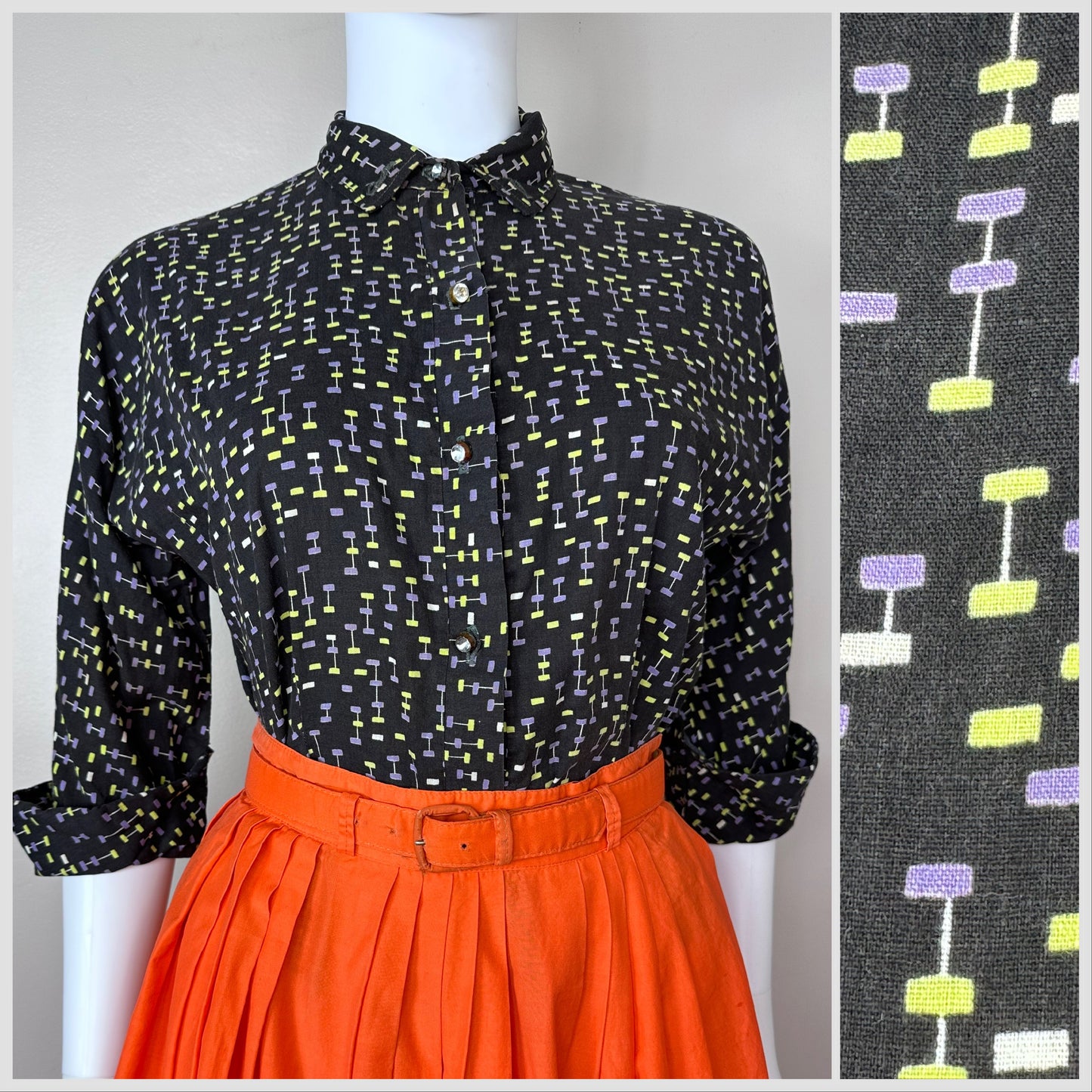 1950s Black Atomic Print Blouse, Size Medium