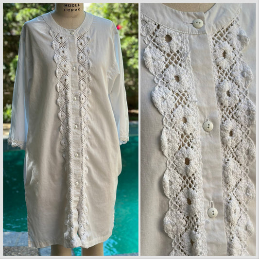 1980s White Swim Cover-Up Button Front Tunic, Sea Waves Size Medium