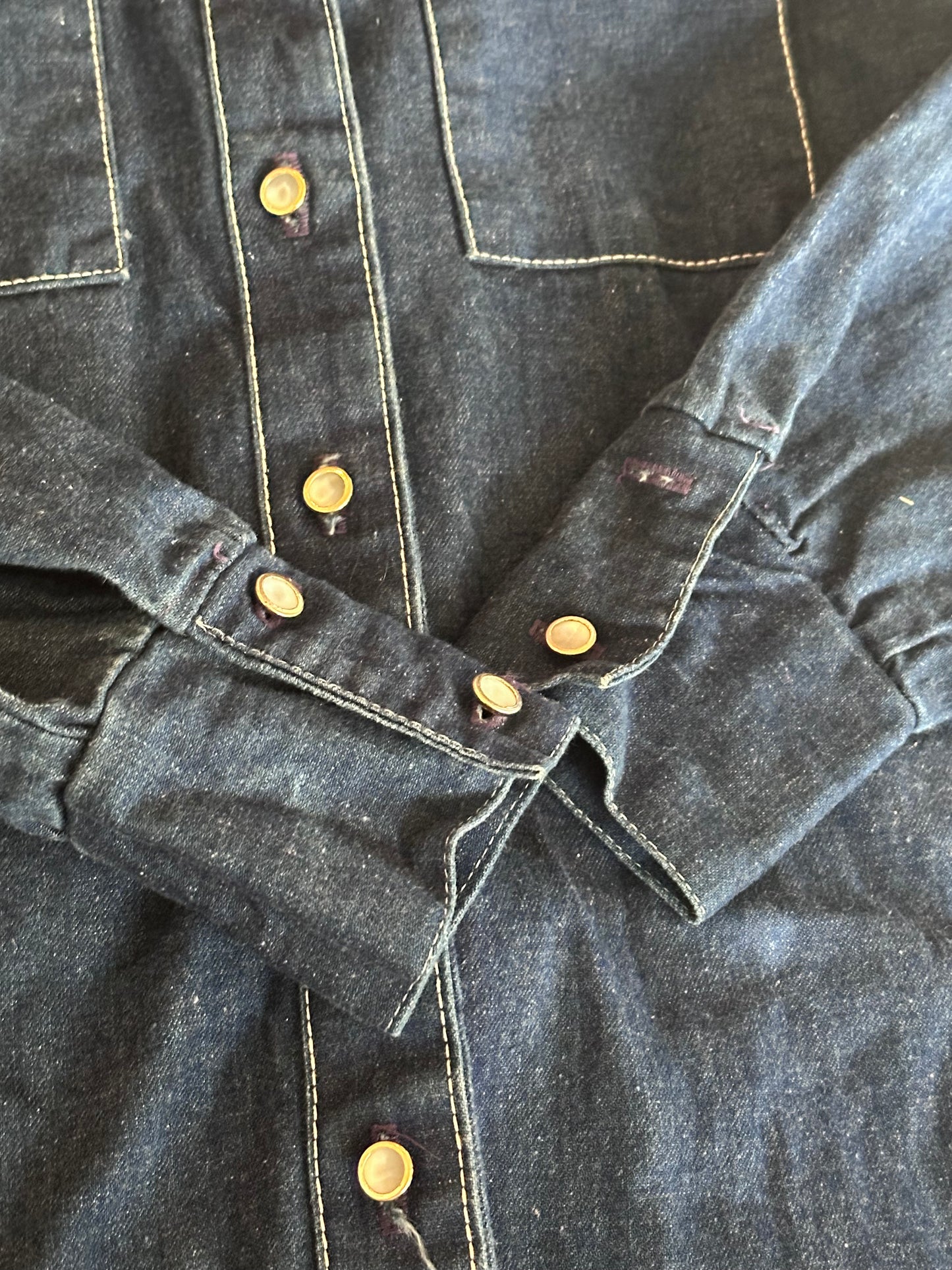 1970s Denim Western Shirt Dress, Size Medium, Duster Jacket, Pearly Buttons