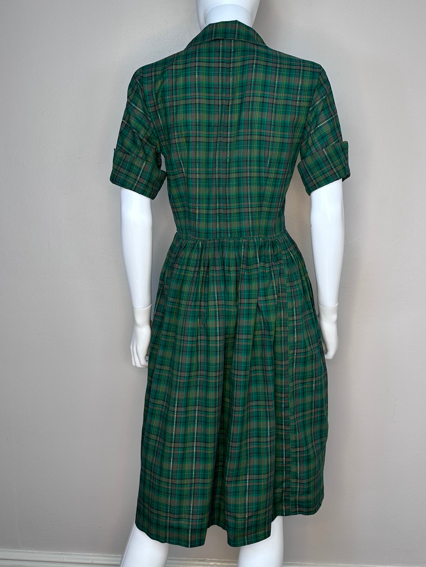 1950s/60s Green Plaid Shirt Dress, Size Small, Lurex Thread