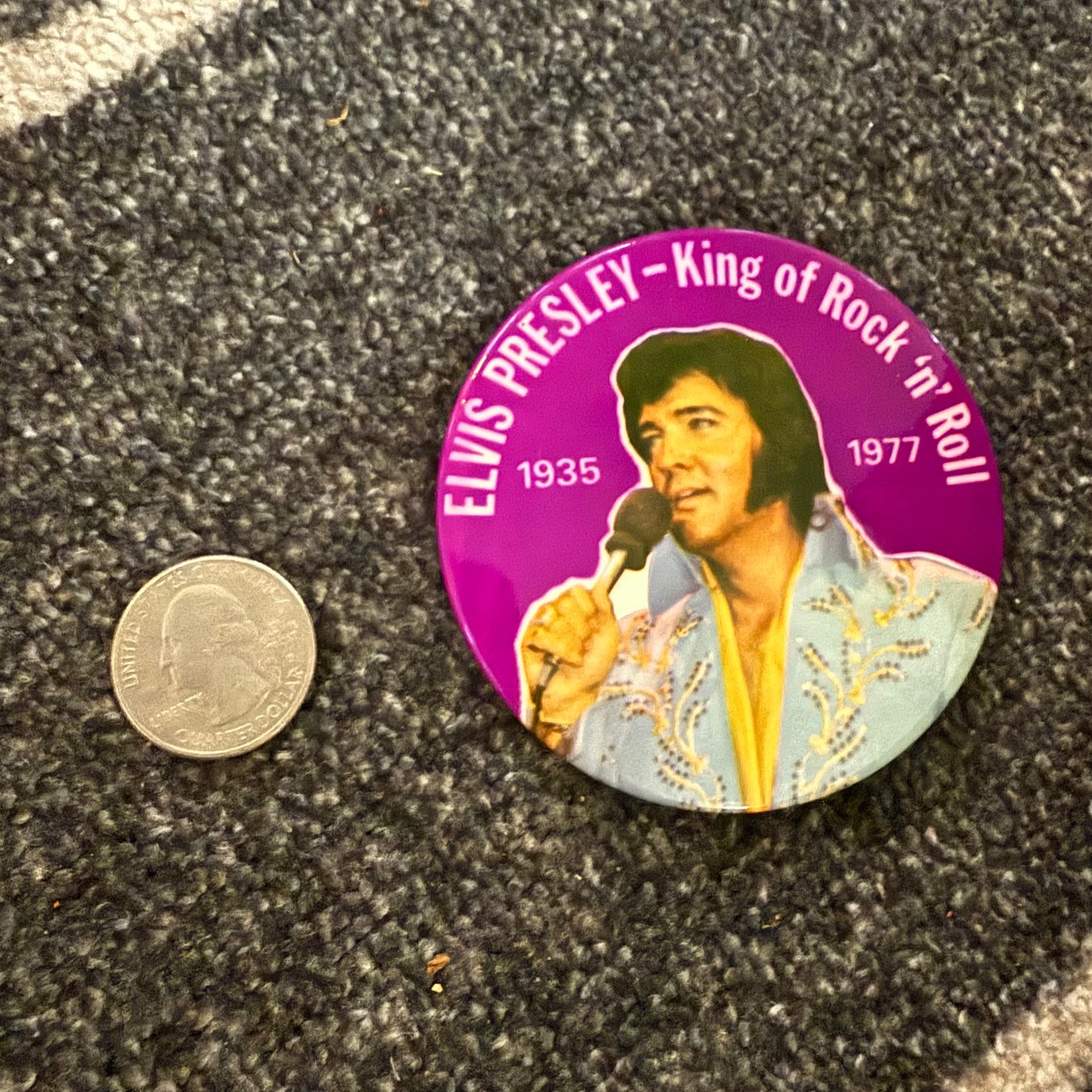 Elvis Presley King of Rock ‘n’ Roll 1935 1977 Pinback Button, 3", Memorial Death Day