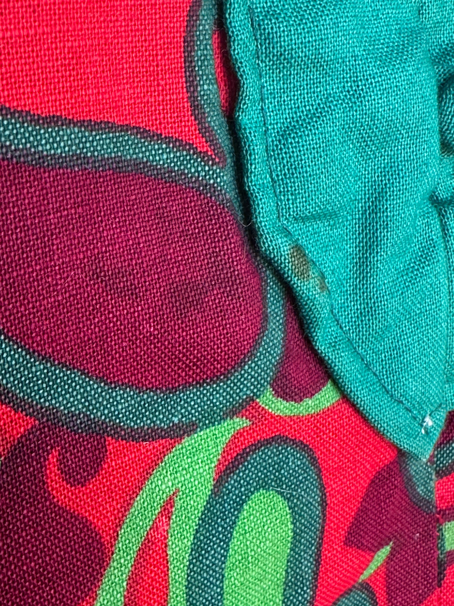 1970s Red and Green Paisley Dress, Handmade Size Small