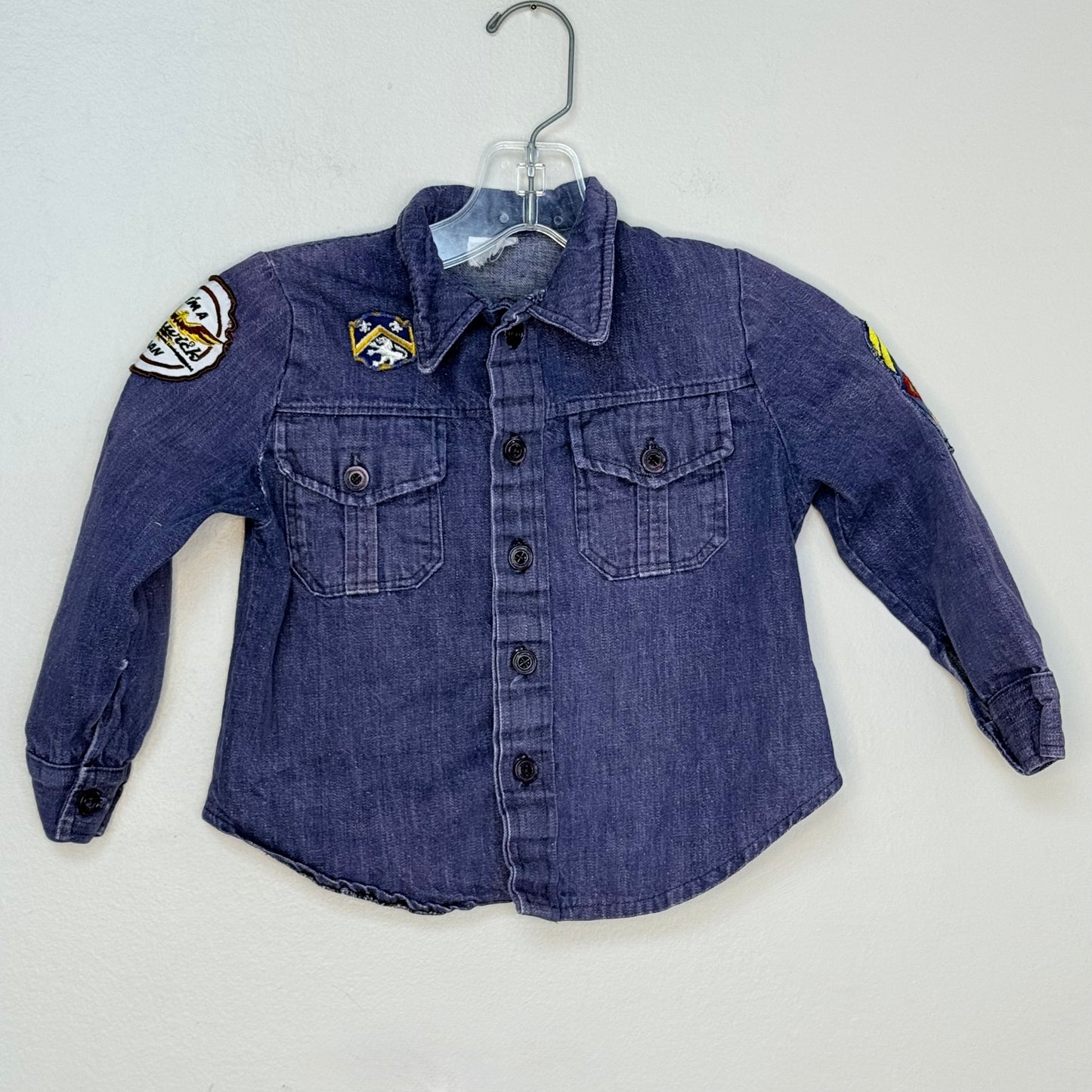 1970s Kids Denim Shirt with Vintage Patches, Size 5, Snoopy, Fenwick, Flowers