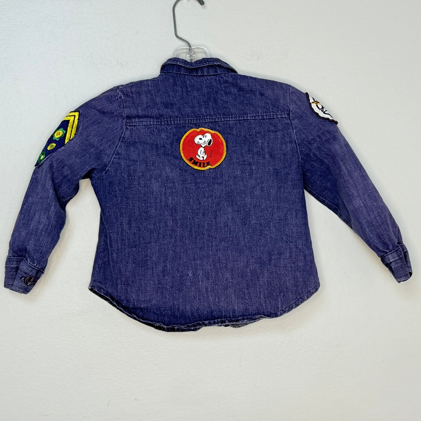 1970s Kids Denim Shirt with Vintage Patches, Size 5, Snoopy, Fenwick, Flowers