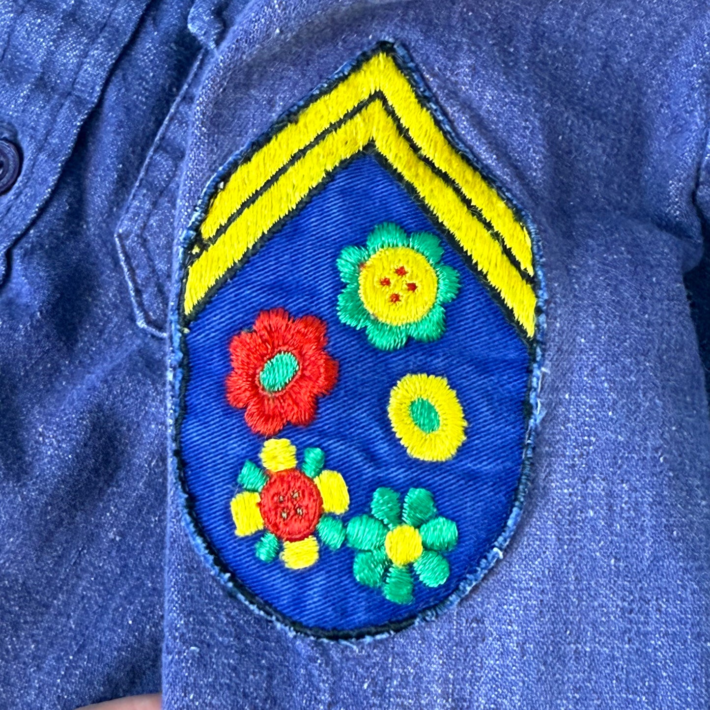 1970s Kids Denim Shirt with Vintage Patches, Size 5, Snoopy, Fenwick, Flowers