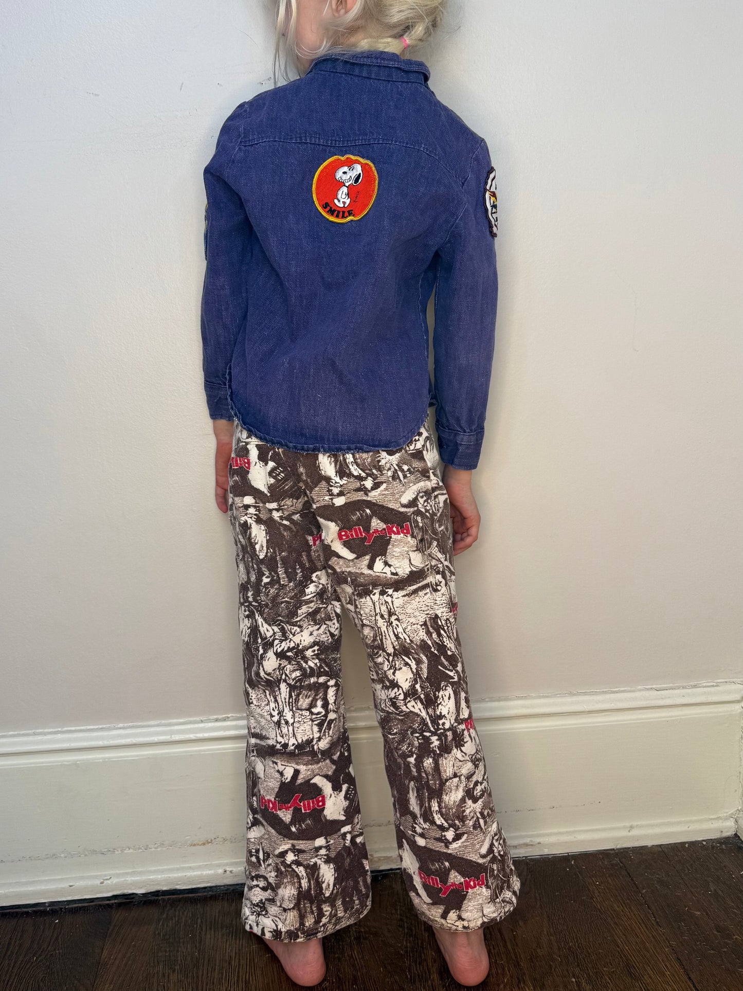 1970s Kids Denim Shirt with Vintage Patches, Size 5, Snoopy, Fenwick, Flowers