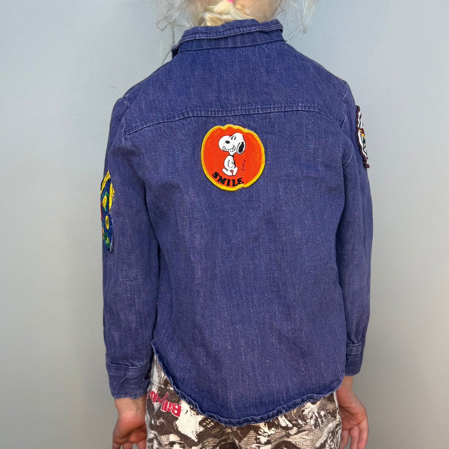 1970s Kids Denim Shirt with Vintage Patches, Size 5, Snoopy, Fenwick, Flowers