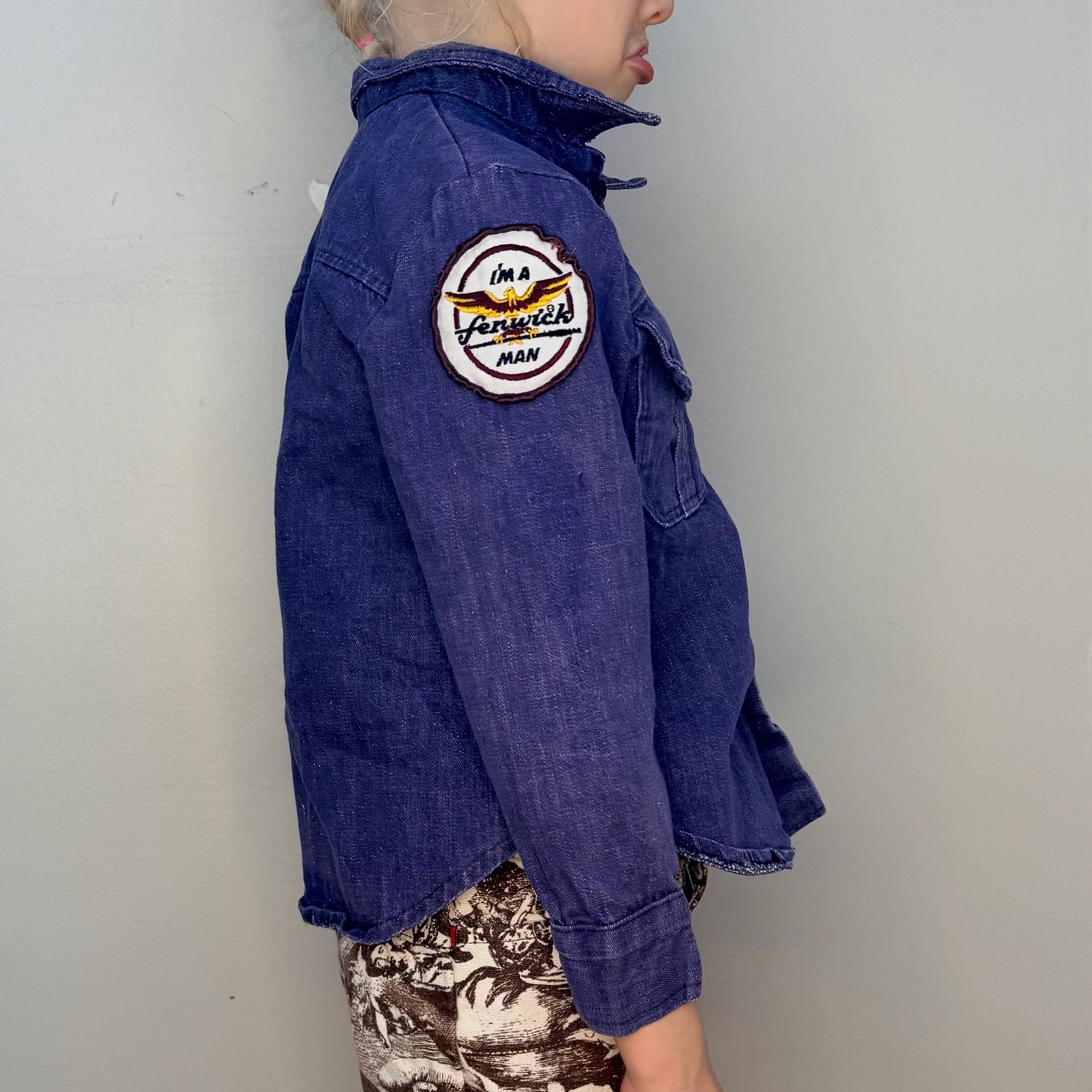 1970s Kids Denim Shirt with Vintage Patches, Size 5, Snoopy, Fenwick, Flowers