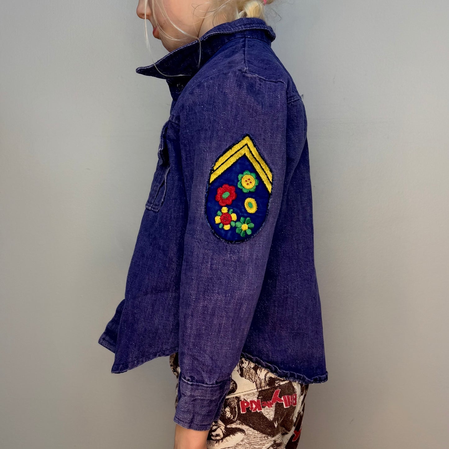 1970s Kids Denim Shirt with Vintage Patches, Size 5, Snoopy, Fenwick, Flowers
