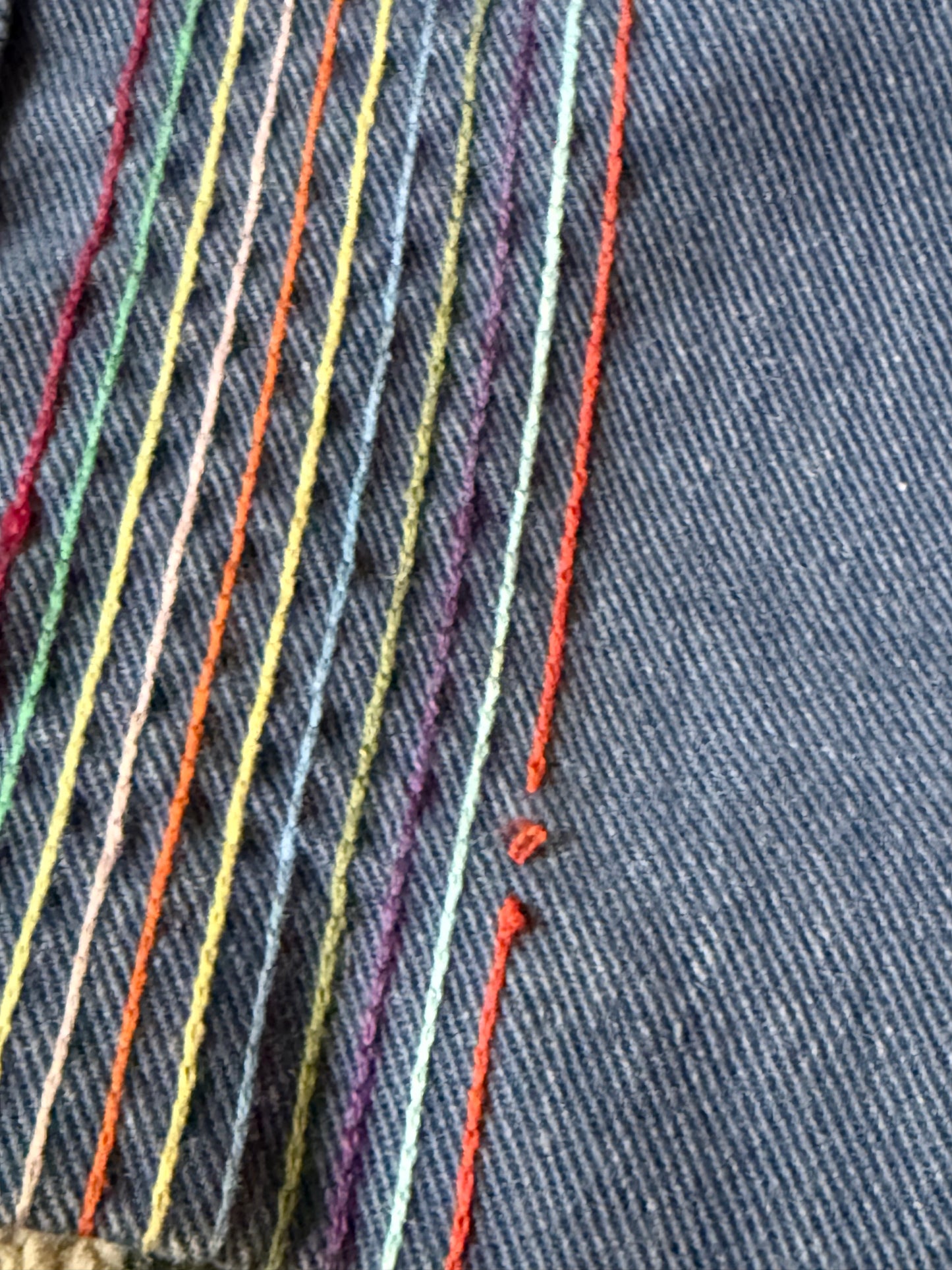 1970s Denim Jacket with Rainbow Stitching Size XL