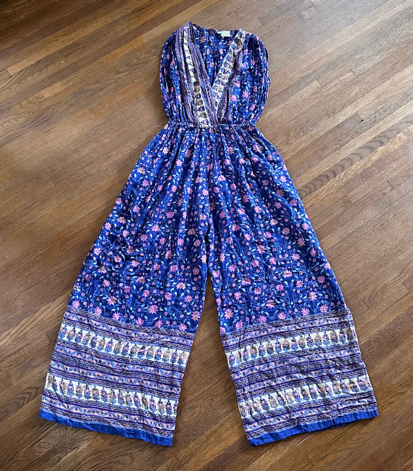 1970s Indian Cotton Jumpsuit, Size Large, Sheer Metallic Floral Border Print
