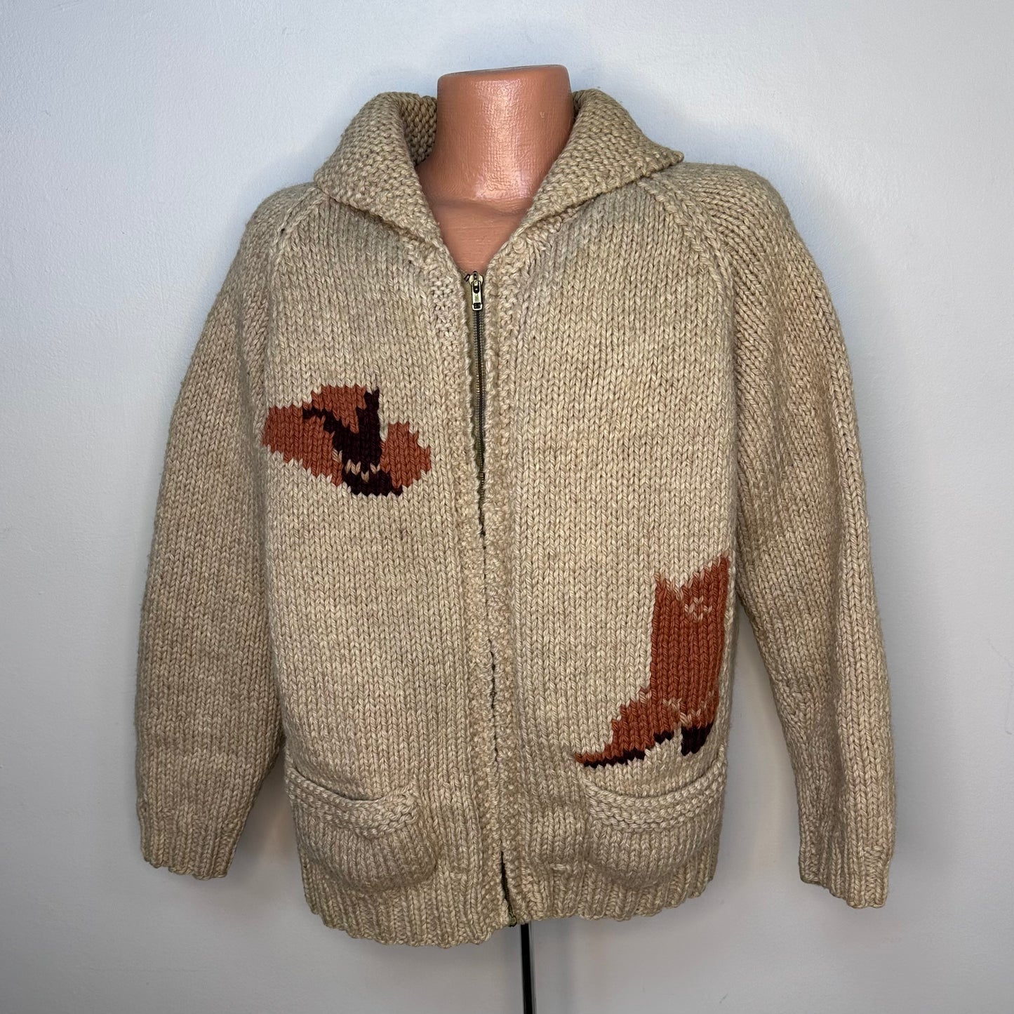 1960s/70s Mary Maxim Rodeo Cardigan Sweater, Size M-L, Shawl Collar, Hand Knit, Cowboy Bucking Bronco