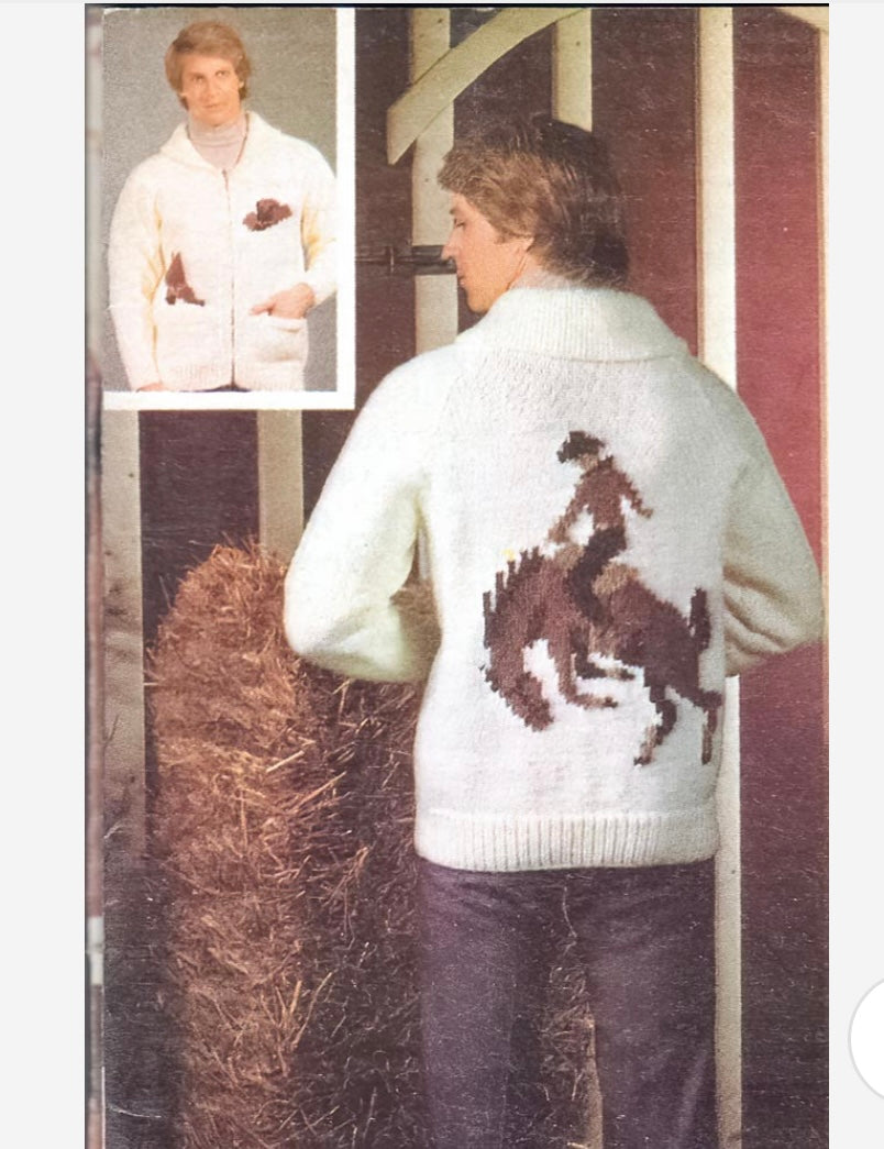 1960s/70s Mary Maxim Rodeo Cardigan Sweater, Size M-L, Shawl Collar, Hand Knit, Cowboy Bucking Bronco