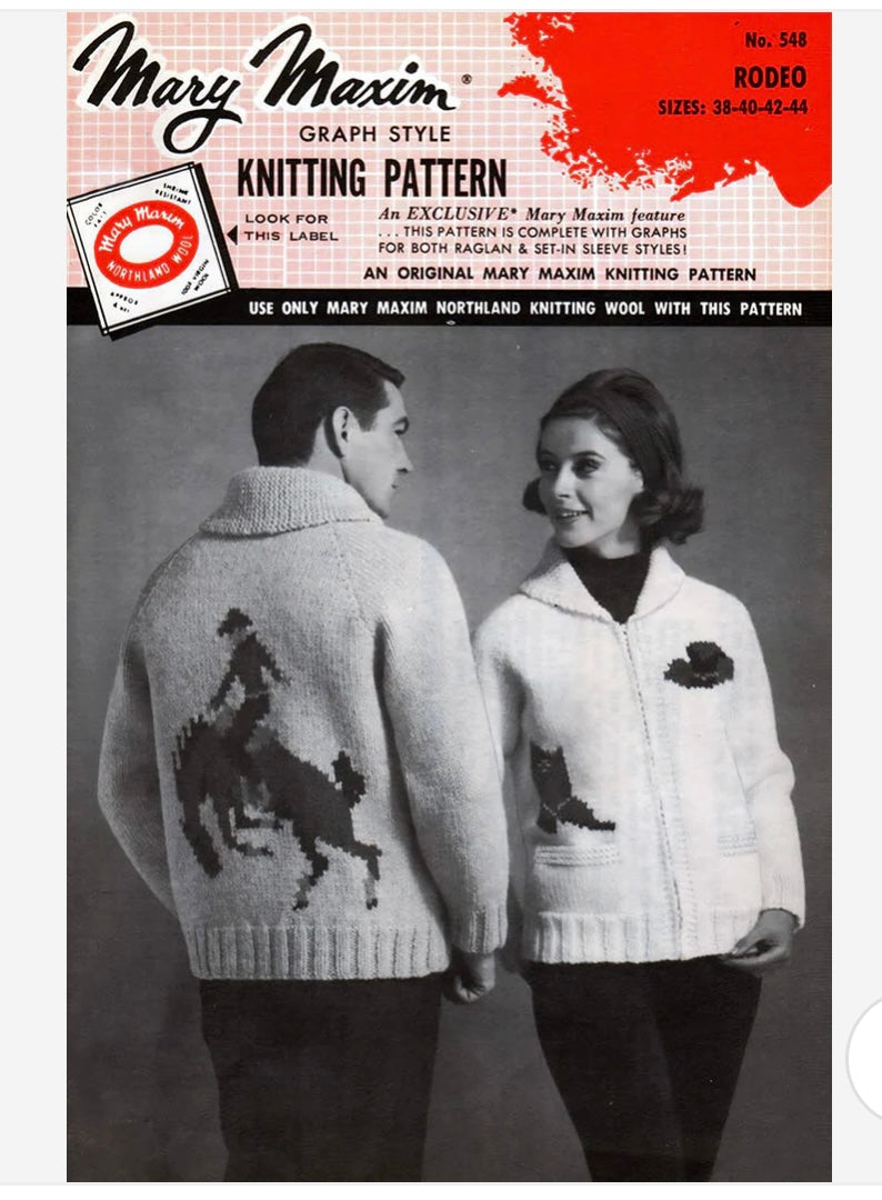 1960s/70s Mary Maxim Rodeo Cardigan Sweater, Size M-L, Shawl Collar, Hand Knit, Cowboy Bucking Bronco