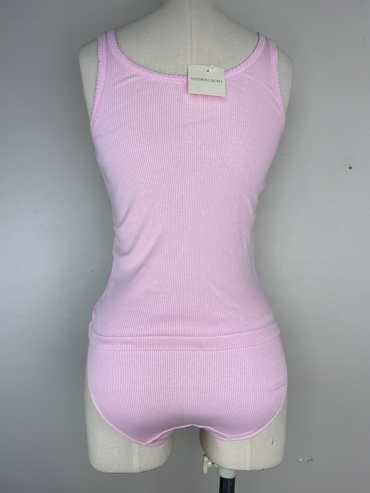 Y2K Victoria’s Secret Ribbed Cotton Lingerie with Sequin Lips, Tank Top and Bikini Panties, Size XS, Deadstock with Tags