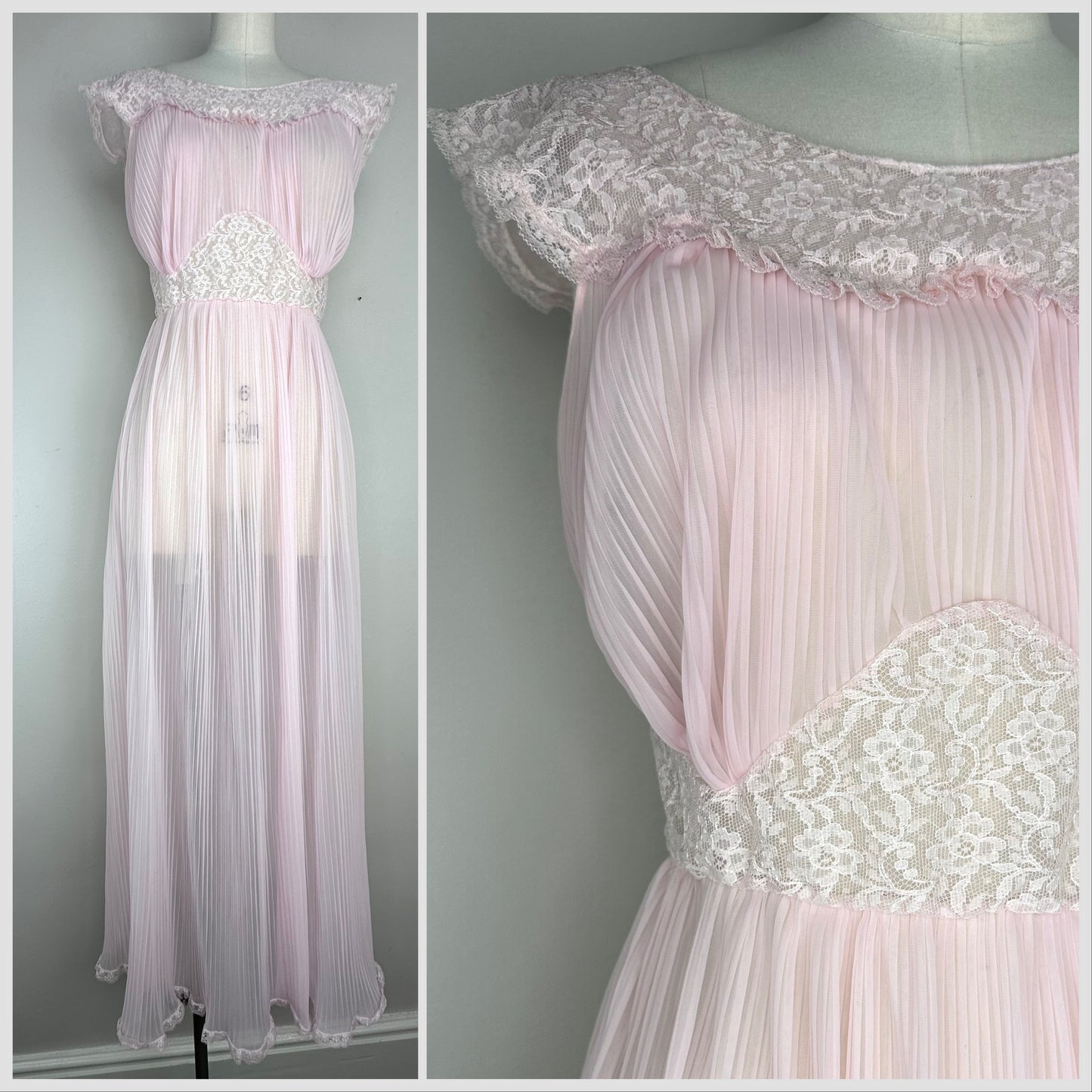 1950s Sheer Pastel Pink Pleated Nightgown with Lace, Evette Size Small, Run-Proof Nylon Lingerie